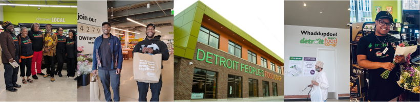 Montage of five images about the Detroit People's Food Co-op (DPFC)