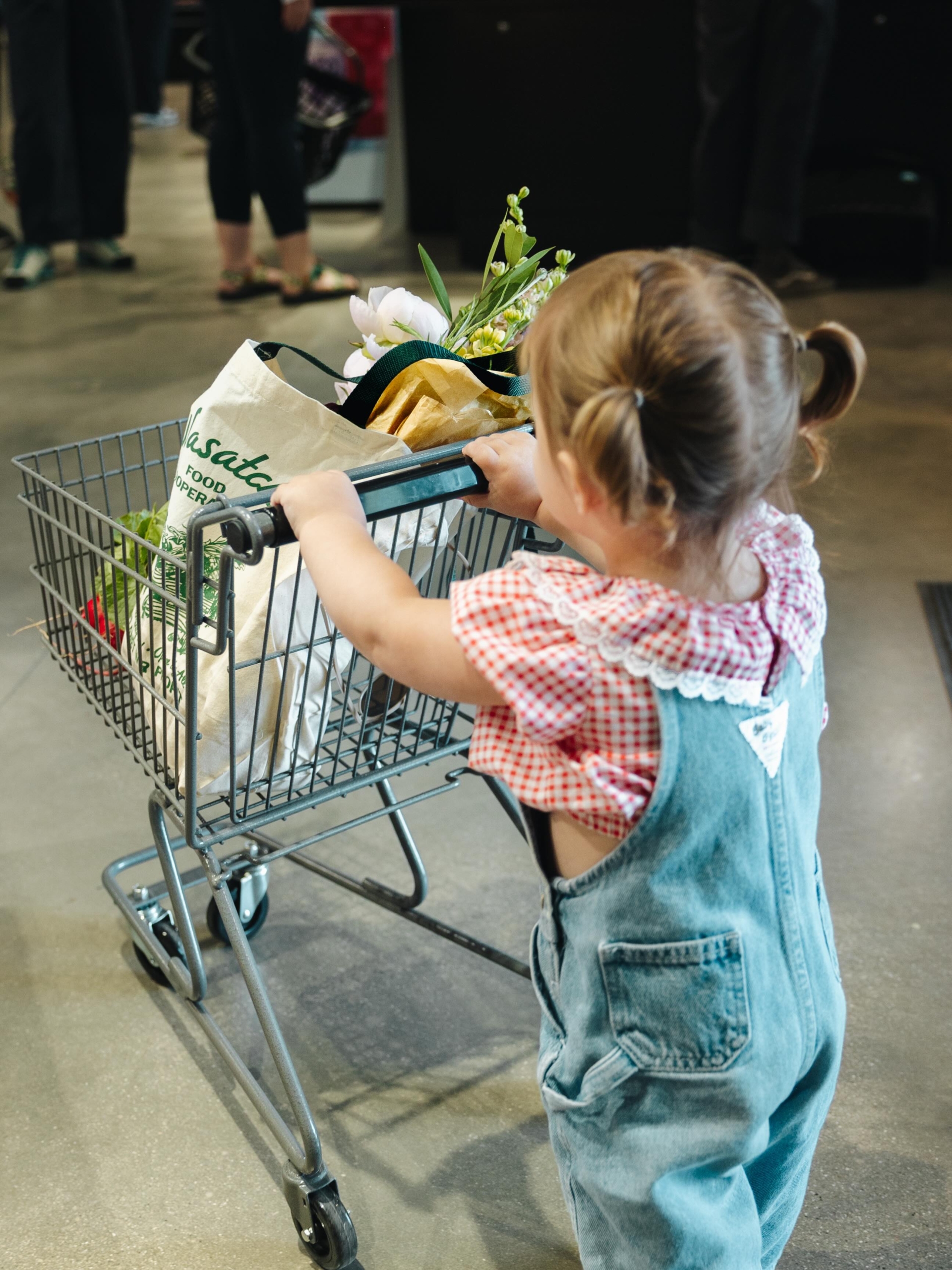 Child with a small buggy is shopping at Wasatch Food Co-op