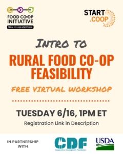 Intro to Rural Food Co-op Feasibility free virtual workshop. Happening Tuesday, June 16 at 1 pm Eastern Time.
